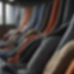 Different types of automotive fabrics displayed in a showroom