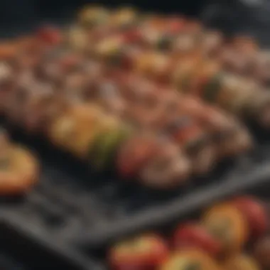 Close-up view of perfectly grilled vegetables and meats