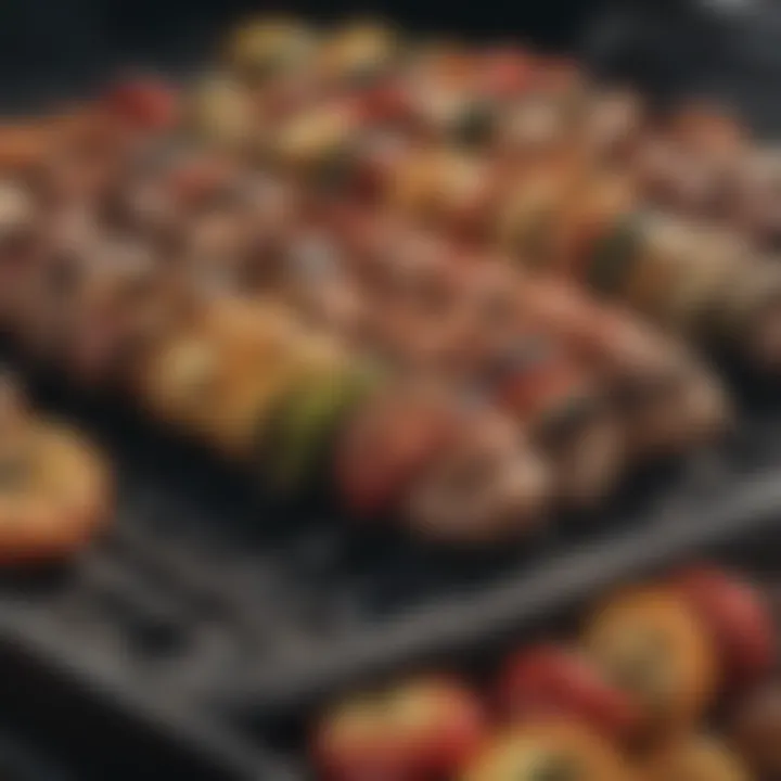 Close-up view of perfectly grilled vegetables and meats