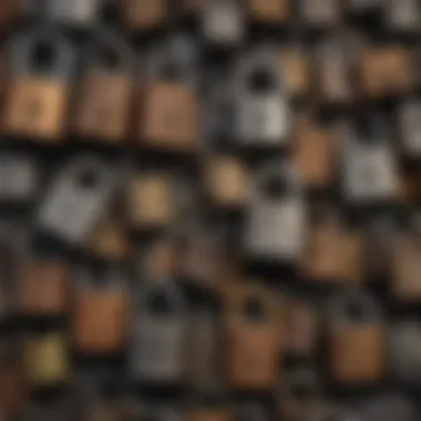 A variety of padlocks displayed in a neat arrangement, highlighting different materials and designs.