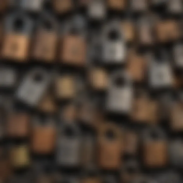 A variety of padlocks displayed in a neat arrangement, highlighting different materials and designs.