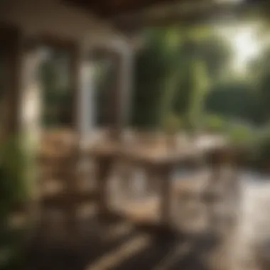 Charming Outdoor Dining Experience Rustic wooden dining table in garden