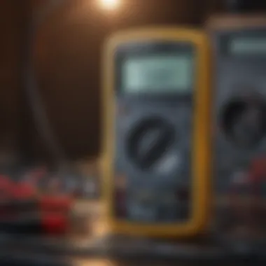 Digital Multimeter in Professional Use A digital multimeter being used in a professional setting for electrical testing.