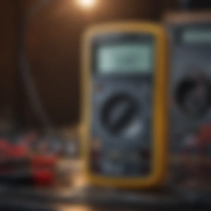 Digital Multimeter in Professional Use A digital multimeter being used in a professional setting for electrical testing.