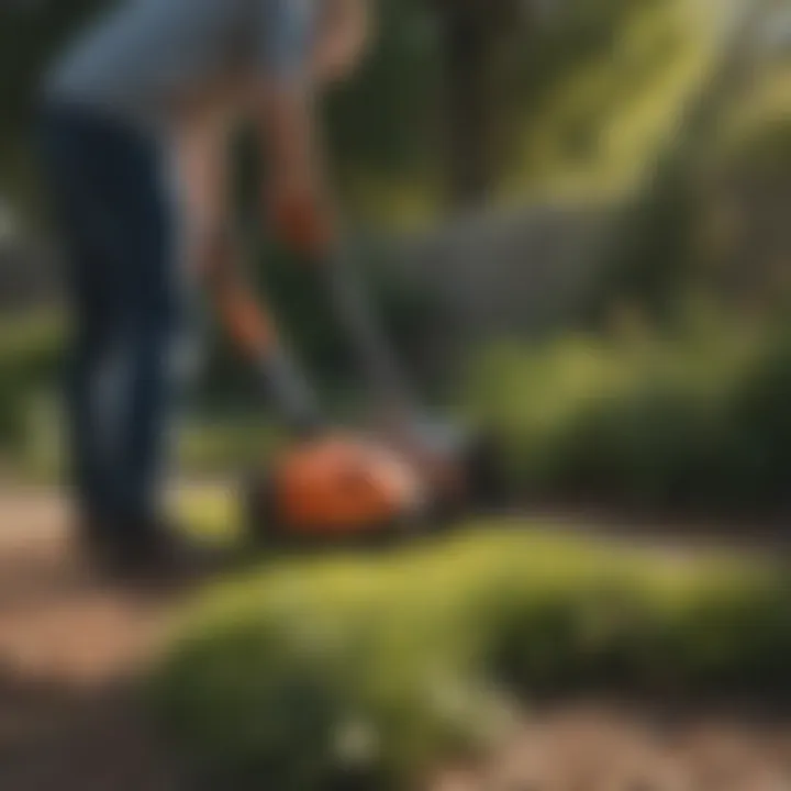 Gardener using cordless blower in a yard