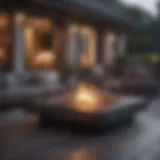 Elegant outdoor fire table surrounded by modern patio furniture