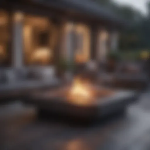 Elegant outdoor fire table surrounded by modern patio furniture
