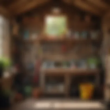 Tidy Garden Shed Organization An organized garden shed with various gardening tools and a hose neatly stored