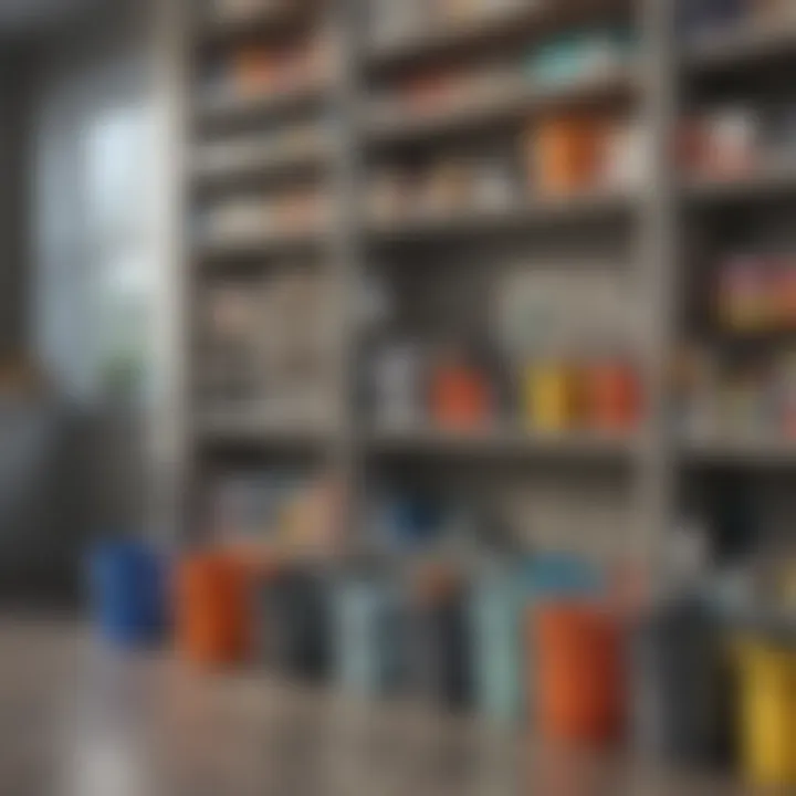 A well-organized cleaning supplies area featuring various mop buckets