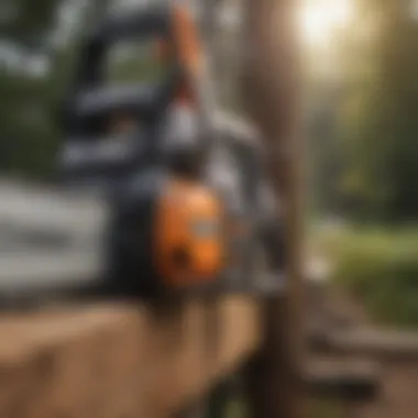 Close-up of electric pole saw features and controls