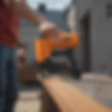 A professional using a roofing stapler on a construction site for optimal efficiency.