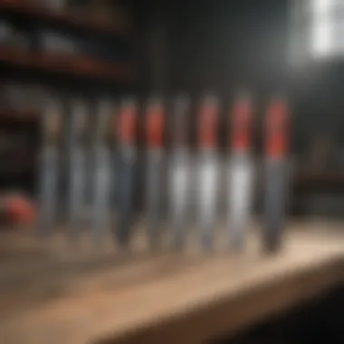 Different types of sawzall blades arranged on a workbench