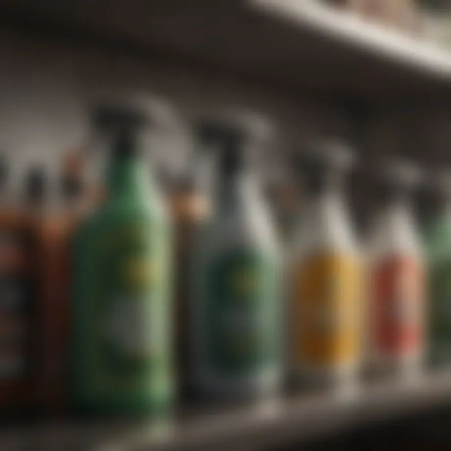 Variety of weed killer spray bottles on a shelf