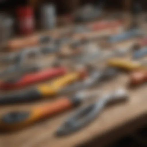 A variety of caulking tools arranged on a workbench, showcasing different designs and materials.