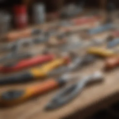 Diverse Caulking Tools Overview A variety of caulking tools arranged on a workbench, showcasing different designs and materials.