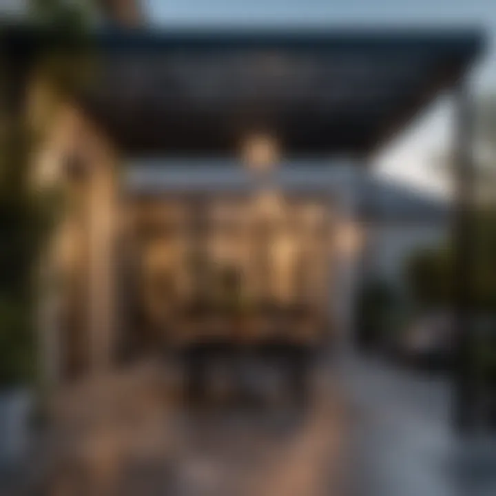 Chic Patio Setting with Black Pergola and Canopy under Soft Lighting