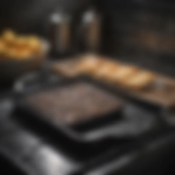 Cleaning tools next to a gleaming black speckled roasting pan