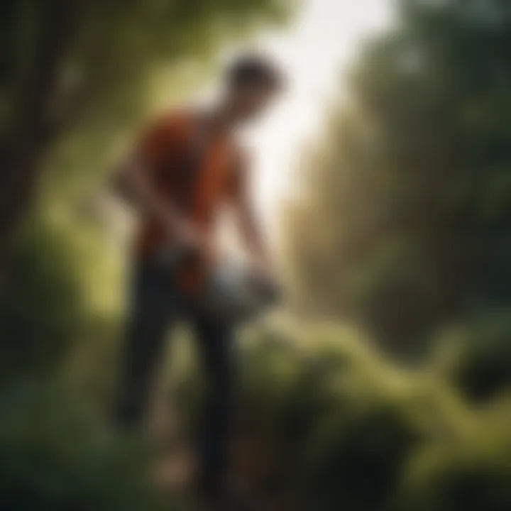 Person using a hedge trimmer to clear overgrown brush