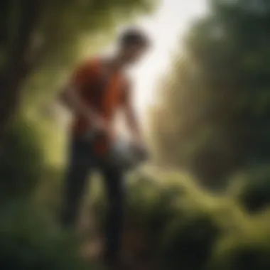 Efficient Brush Clearance Person using a hedge trimmer to clear overgrown brush