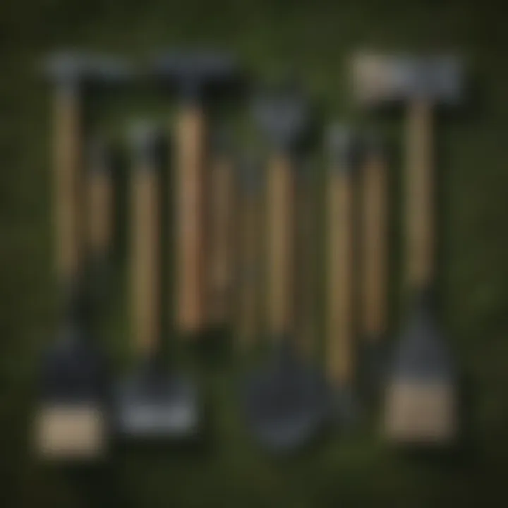 Variety of yard maintenance tools neatly arranged