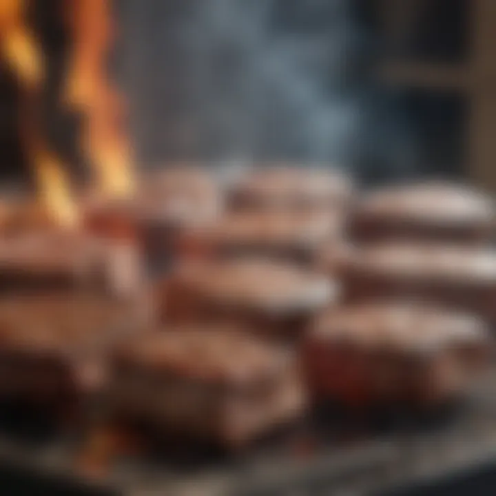 Close-up of sizzling steaks over briquettes