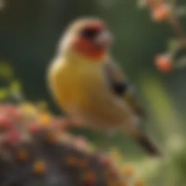A Splash of Color: The Cheerful Goldfinch Colorful Goldfinch enjoying seeds in a garden