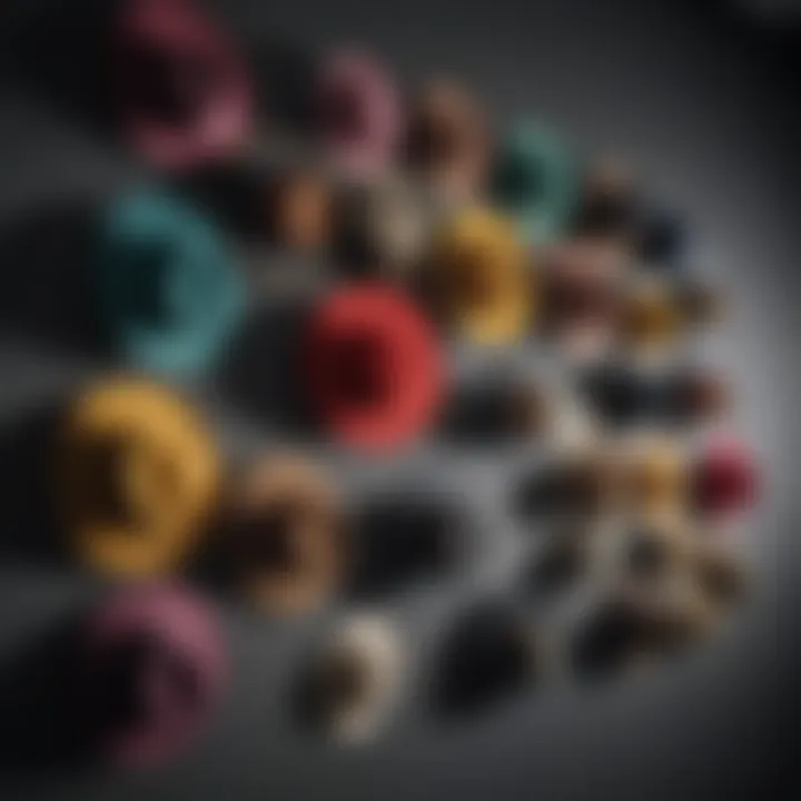Collection of colorful hats organized on hooks