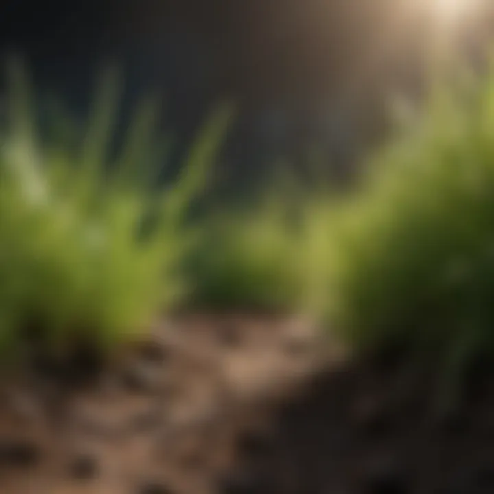 Healthy and lush grass seedling growing in sunlight
