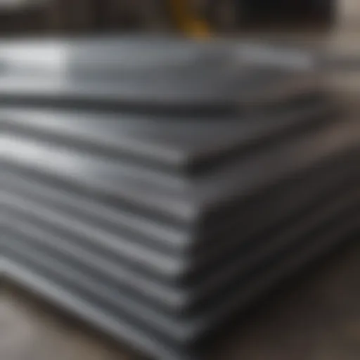 Reflections of stock stainless steel sheets in industrial setting