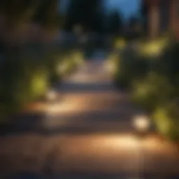 Solar lights illuminating a garden pathway at dusk