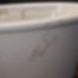 Close-up view of a porcelain tub with visible chips and scratches