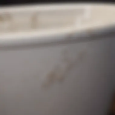 Close-up view of a porcelain tub with visible chips and scratches