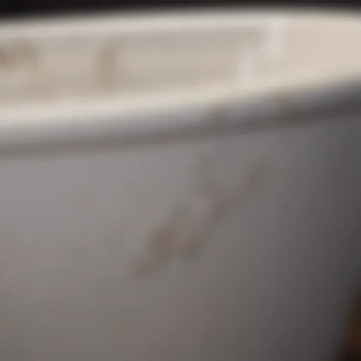 Close-up view of a porcelain tub with visible chips and scratches