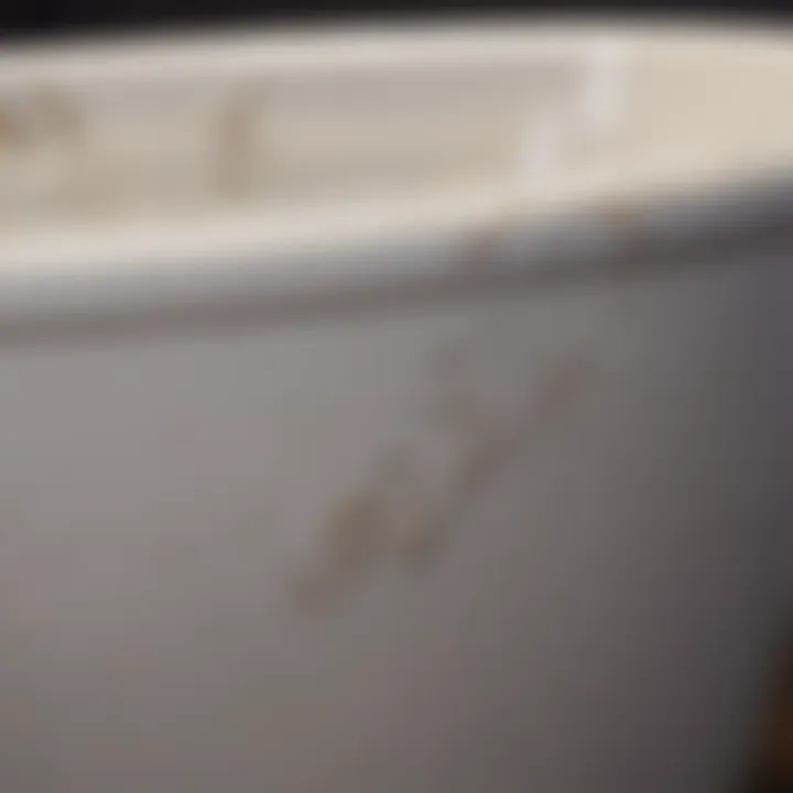Close-up view of a porcelain tub with visible chips and scratches