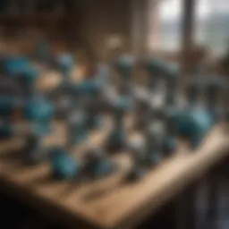 A selection of Makita power tools displayed on a wooden workbench.