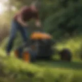 A powerful gas weedeater in action trimming grass