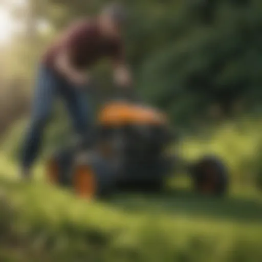 A powerful gas weedeater in action trimming grass