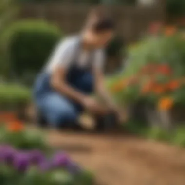 Application of Miracle-Gro Potting Mix in Gardening Gardener using Miracle-Gro potting mix in a vibrant flower bed