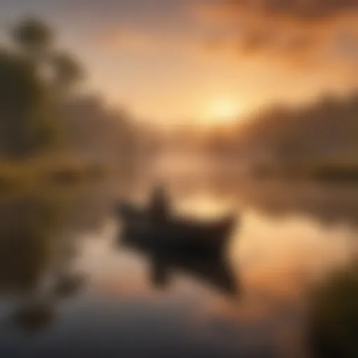 A serene fishing landscape at dawn, with still waters reflecting the sky.