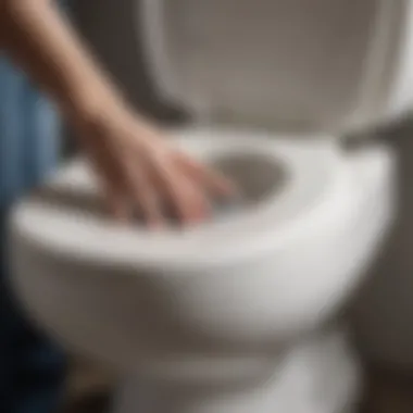 Close-up of a toilet seat cap being installed on a toilet.