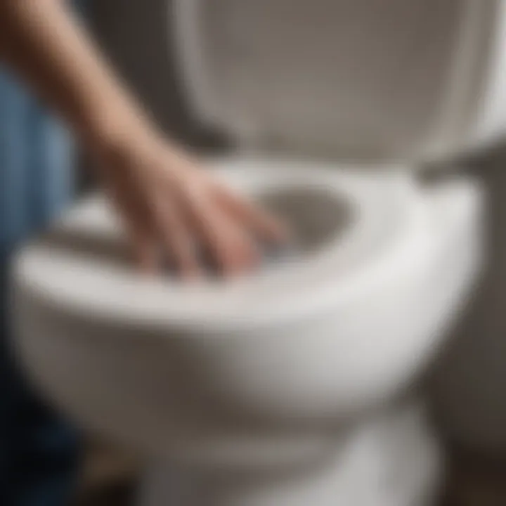 Close-up of a toilet seat cap being installed on a toilet.