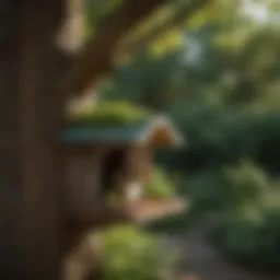 A beautifully designed covered squirrel feeder surrounded by lush greenery.