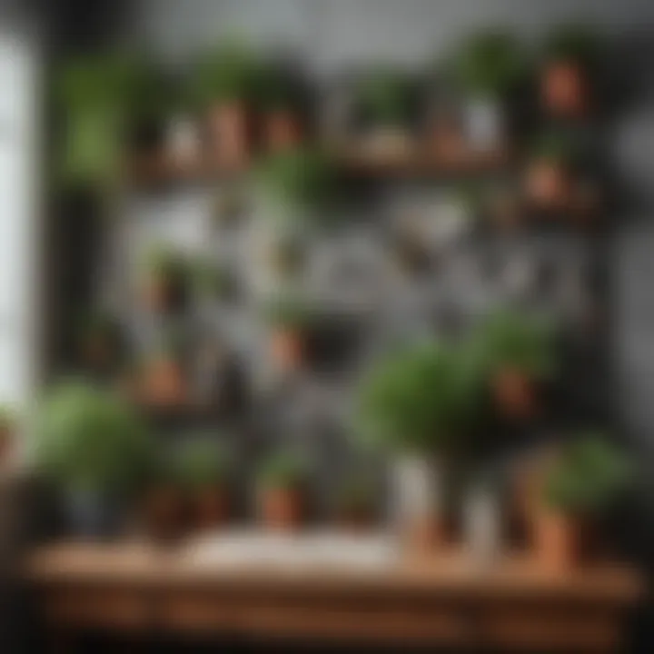 A beautifully arranged decorative pegboard in a living room displaying plants and art supplies