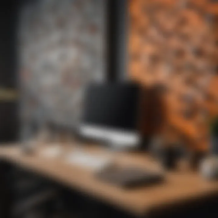 A modern office setup featuring a decorative pegboard as a central organizing element