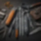 A variety of Leatherman tools displayed on a rugged surface
