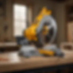 Close-up view of DeWalt mitre saw cutting wood