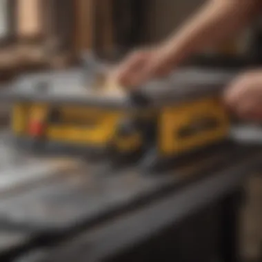 Close-up of the blade and cutting capabilities of the DeWalt table saw