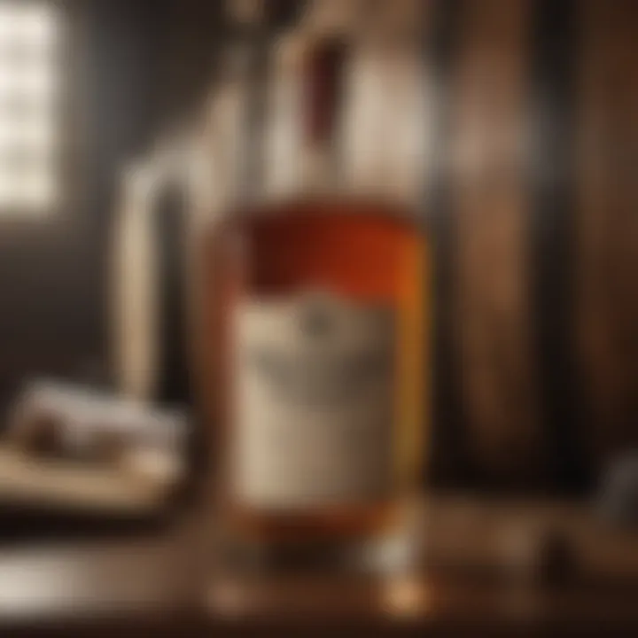 A sophisticated setting showcasing the cologne bottle with bourbon barrels.
