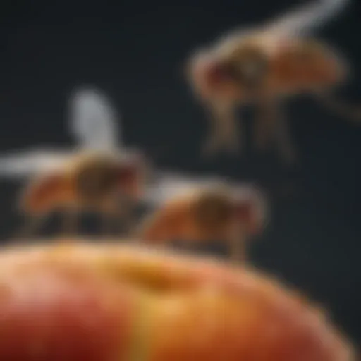 Close-up of fruit flies on a piece of fruit