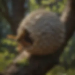 Close-up of a wasp nest on a tree branch